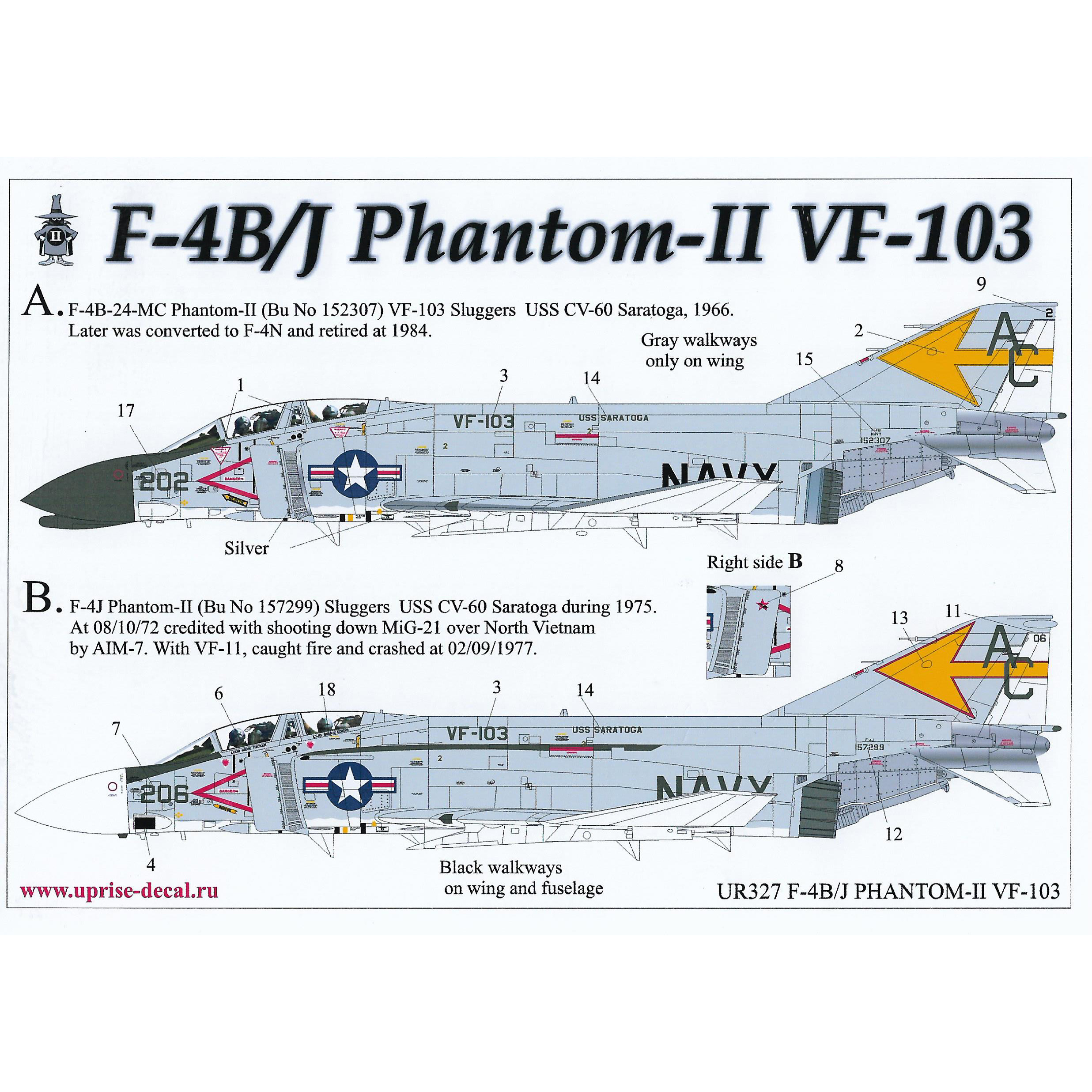 UR327 Sunrise 1/32 Decal for F-4B/J Phantom-II VF-103, without those. inscriptions