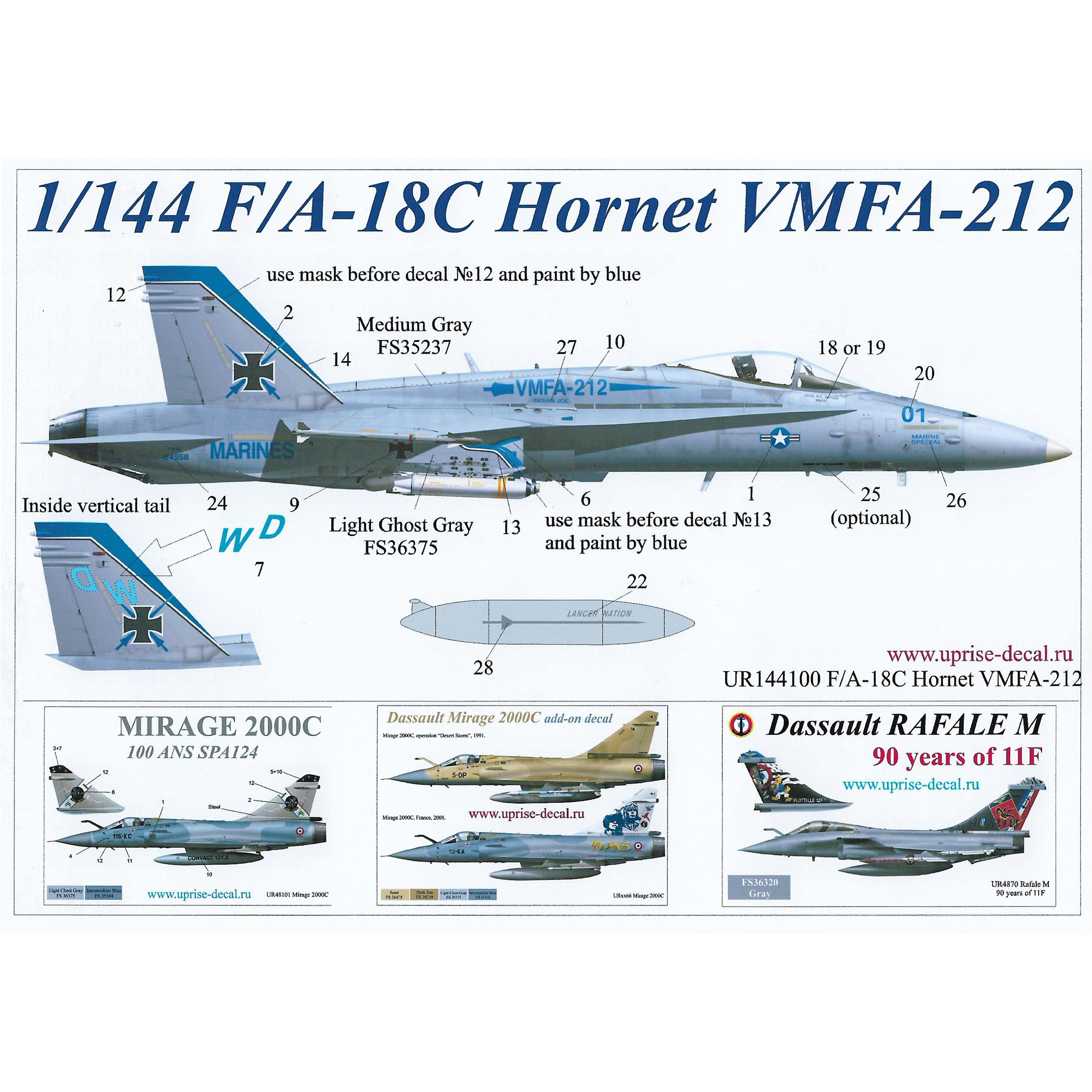 UR144100 Sunrise 1/144 Decals for F/A-18C Hornet VMFA-212, without those. inscriptions