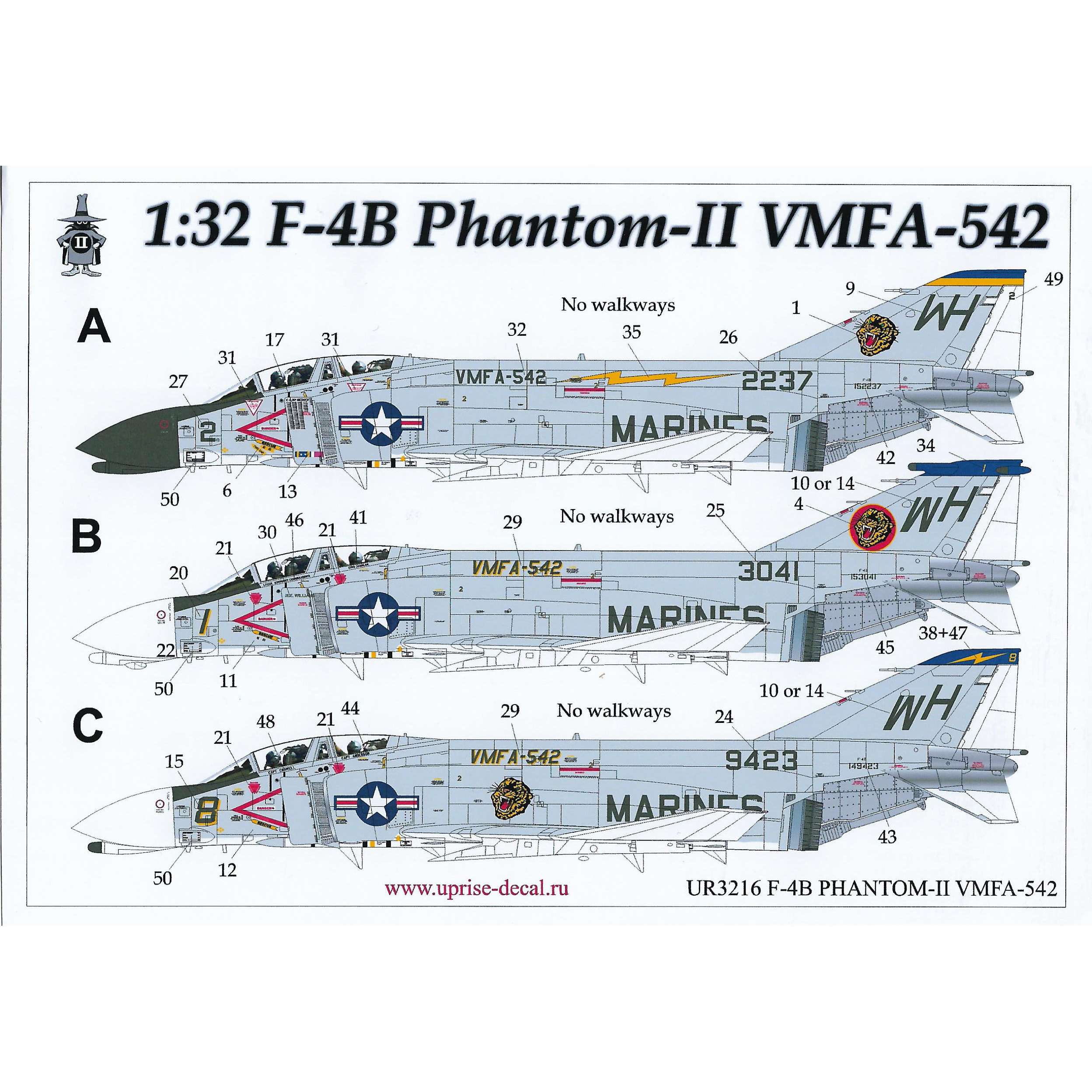 UR3216 Sunrise 1/32 Decal for F-4B Phantom-II VMFA-542, without tech. inscriptions