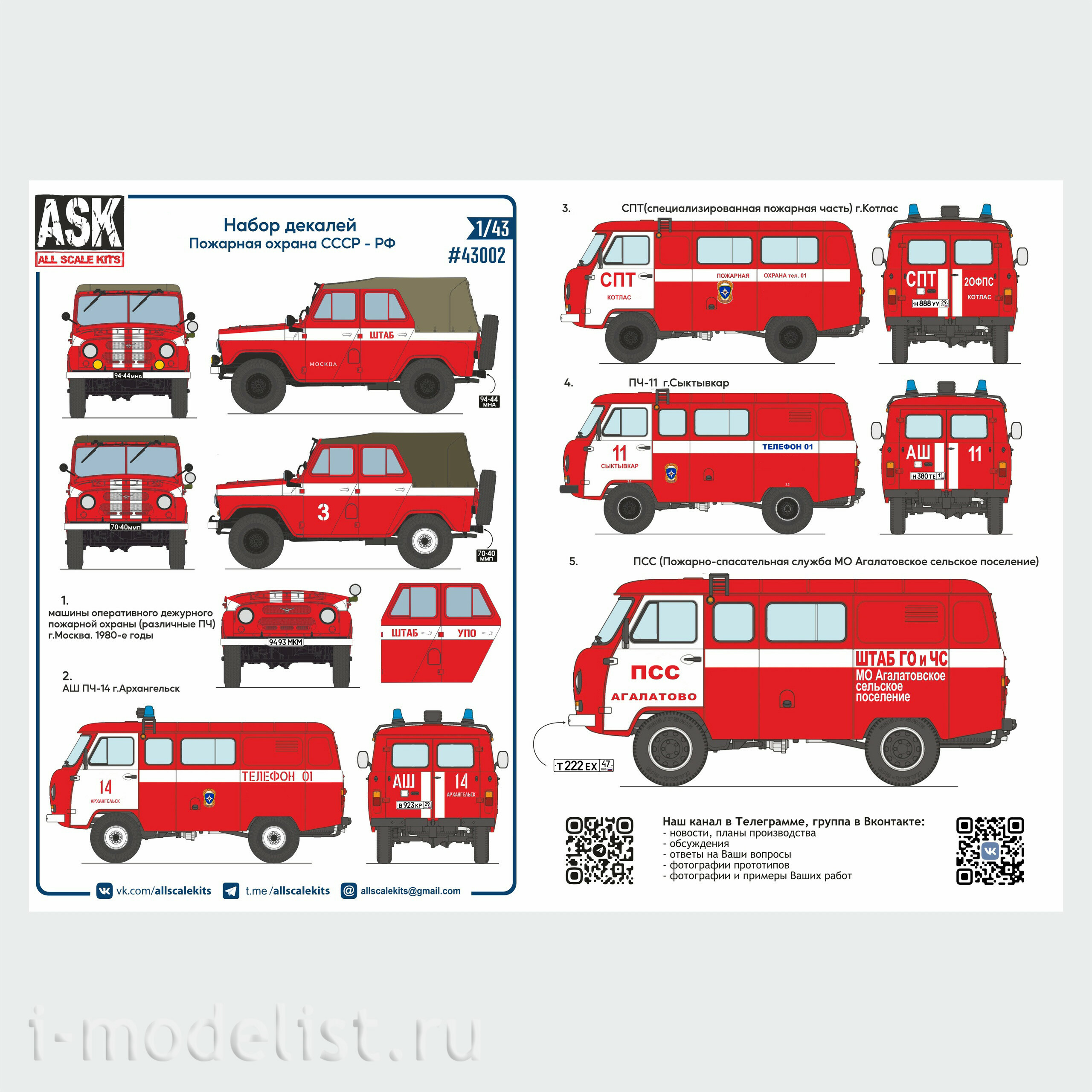 ASK43002 All Scale Kits (ASK) 1/43 Комплект декалей для автомобиля 469Б/3151/3909 Пожарная охрана СССР/РФ
