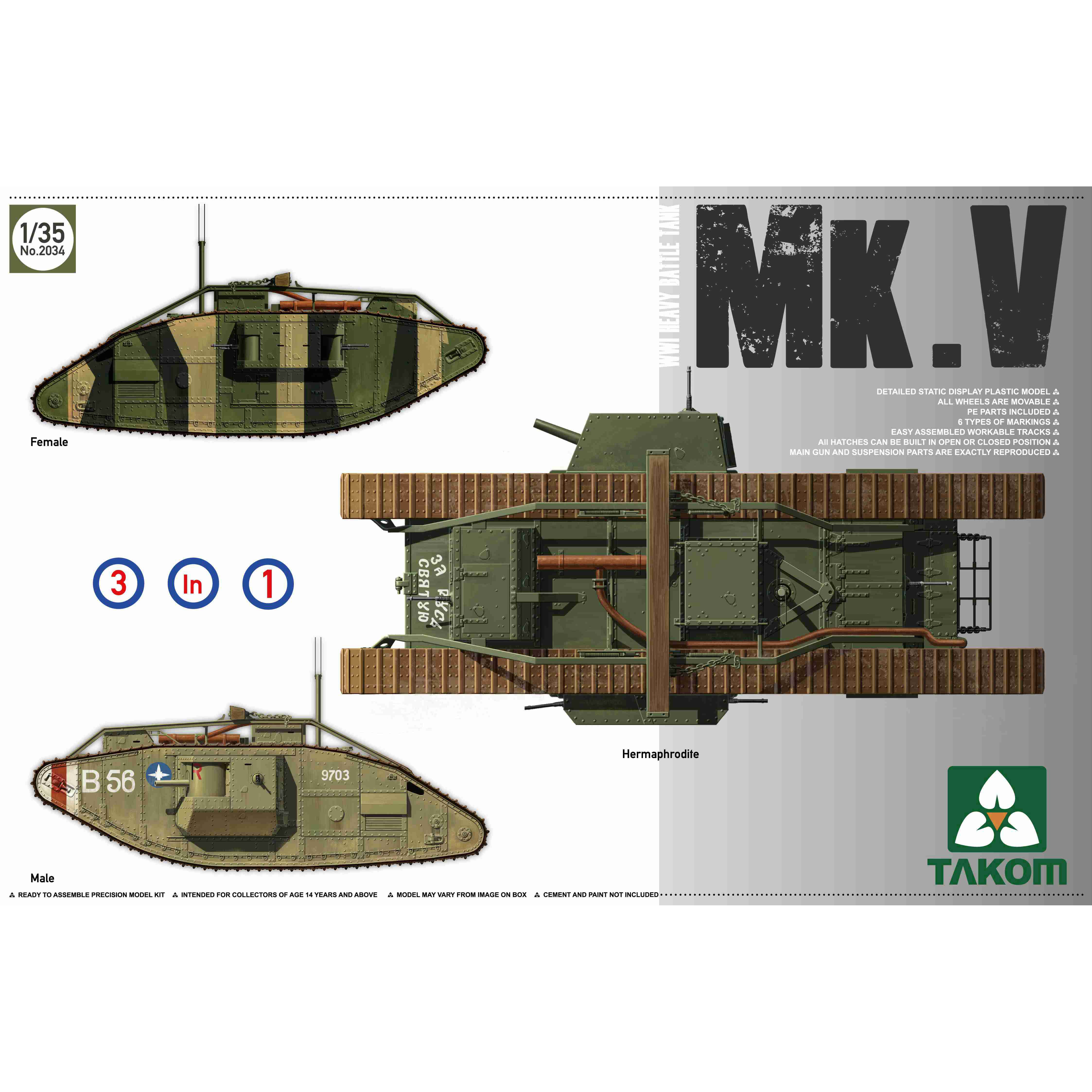 2034 Takom 1/35 WWI Heavy Battle Tank MarkV 3 in 1