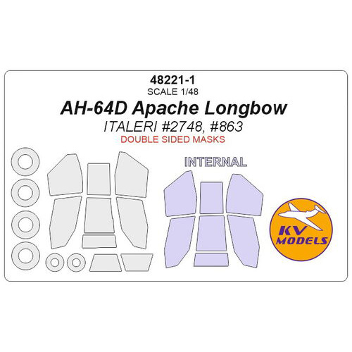 48221-1 KV Models 1/48 Paint masks for AH-64D Apache Longbow - (double-Sided masks) + masks for wheels and wheels