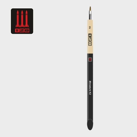 К2-2 128 Кисть Миниатюра/ колонок/ плоская 2/ ручка скошенная утолщенная с черным матовым кончиком/ белая обойма