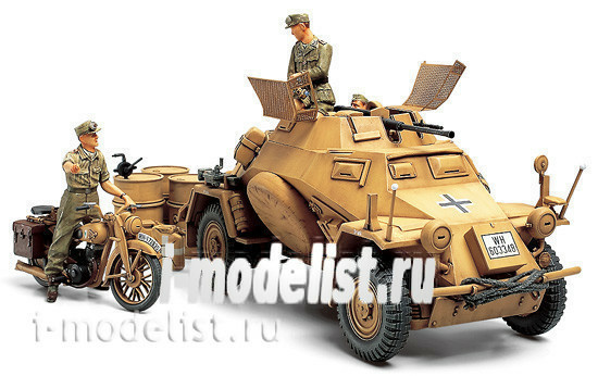 Tamiya 35286 1/35 German armored personnel carrier Sd.Kfz.222 African body, motorcycle DKW Nz350, 3 figures, photo etching, metal barrel.