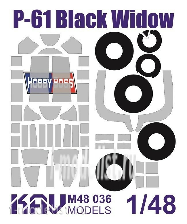 M48 036 KAV models 1/48 Paint mask for all modifications P-61 Black Widow production Hobby Boss. Mask for painting the glazing of the cabin and chassis.