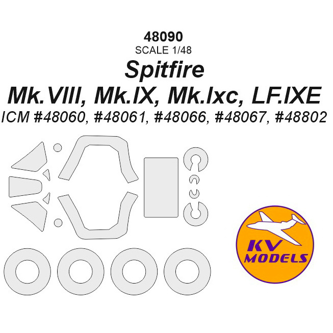 48090 KV Models 1/48 Paint Mask for Spitfire Mk.VIII, Mk.IX, Mk.Ixc, LF.IXE + wheel masks