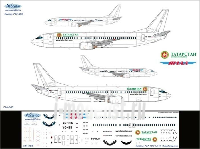 734-005 Ascensio 1/144 Scales the Decal on the plane Boeng 737-400s (of AML/Tatarstan)