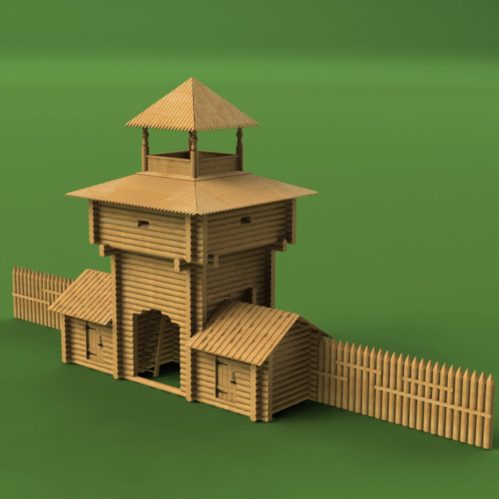 1104 Sbmodel 1/60 Gate tower of the Ostrog Seliverstovo part of the wall of the stockade, Yakutia of the XVII century