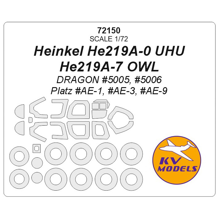 72150 KV Models 1/72 Paint mask for Heinkel He219A-0 UHU / He219A-7 OWL + masks for wheels and wheels