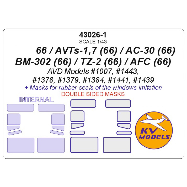 43026-1 KV Models 1/43 Paint mask for car 66 / AVC-1,7 (66) / AC-30 (66) / BM-302 (66) / TK-2 (66) / AFX (66) (AVD Models #1007, #1443, #1378, #1379, #1384, #1441, #1439) - (Double-sided masks)