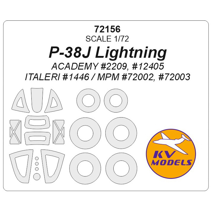 72156 KV Models 1/72 Paint mask for P-38J Lightning + masks for wheels and wheels