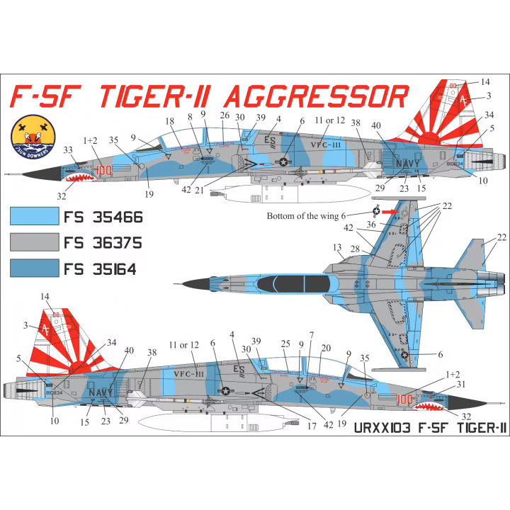 UR72103 Sunrise 1/72 Decal for F-5F Tiger-II Aggressor VFC-111, since then. inscriptions