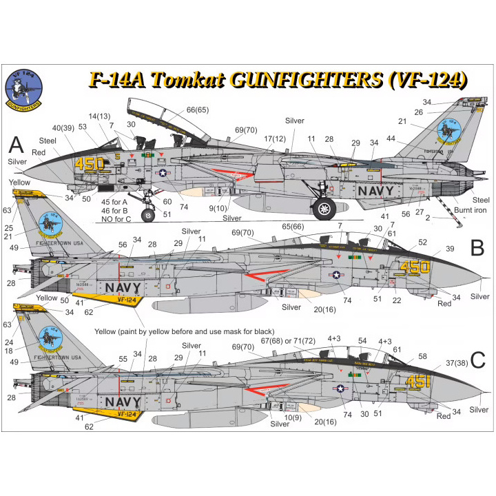 UR14418 Sunrise 1/144 Decals for F-14A Tomcat VF-124 since then. inscriptions