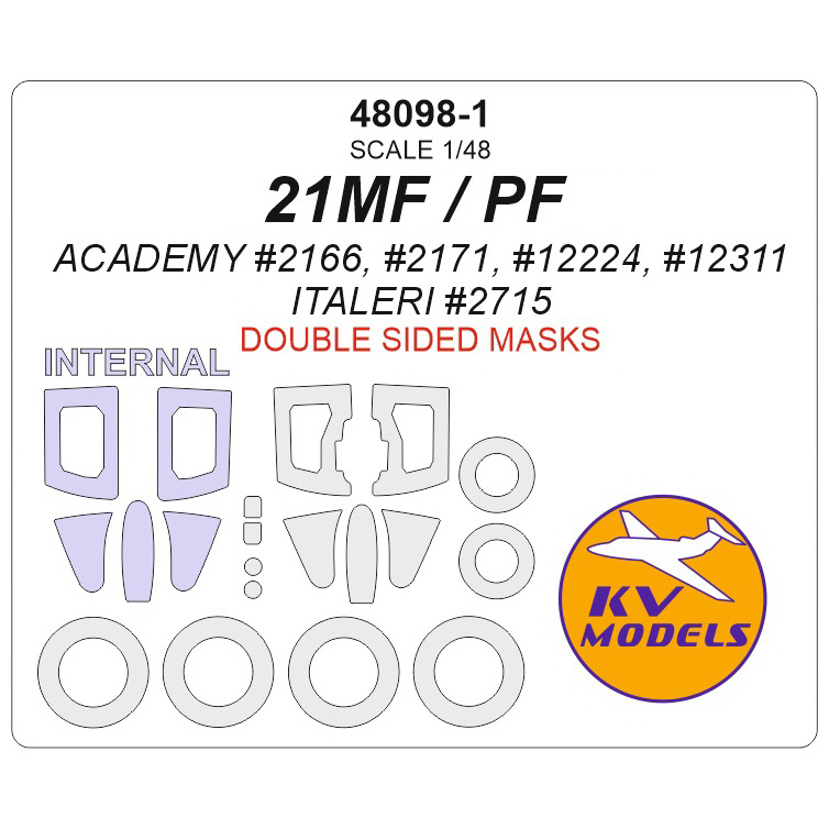 48098-1 KV Models 1/48 MiGG-21MF / PF (ACADEMY #2166, #2171, #12224, #12311 / ITALERI #2715) - (Double-sided masks) + masks for rims and wheels
