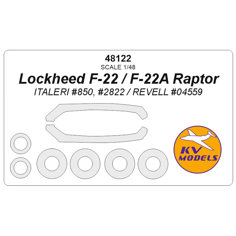 48122 KV Models 1/48 Lockheed F-22 / F-22A Raptor (ITALERI #850, #2822 / REVELL #04559) + masks for rims and wheels