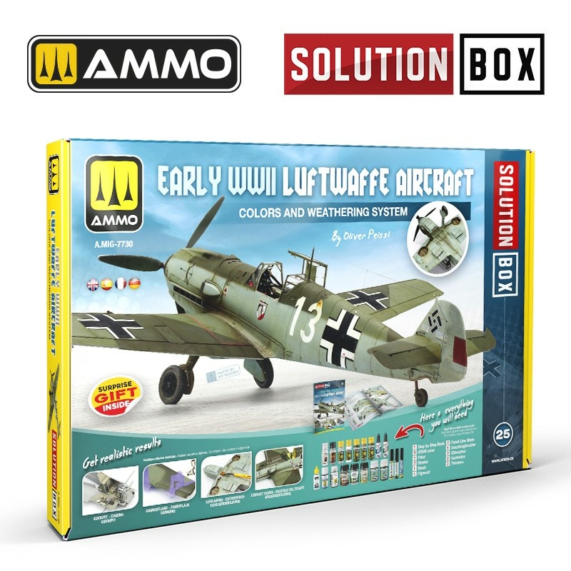 AMIG7730 Ammo Mig Набор SOLUTION BOX 25 – Aircraftы люфтваффе начала Второй мировой войны. Цвета и система везеринга / Early WWII Luftwaffe Aircraft - Colors and Weathering System