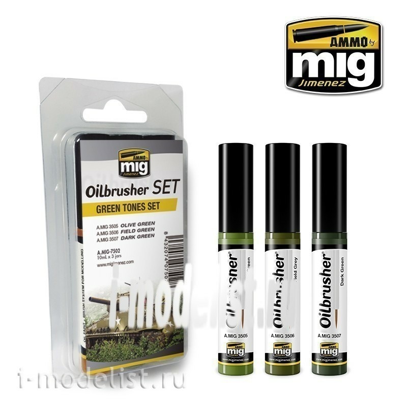 AMIG7502 Ammo Mig OILBRUSHER GREEN TONES SET (a Set of oil paints with a thin brush applicator)