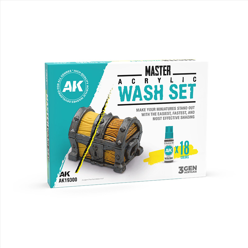 AK19300 AK Interactive Набор смывок Master Acrylic - Полный набор (18 цветов) / MASTER ACRYLIC WASH SET – FULL RANGE (18 COLORS)