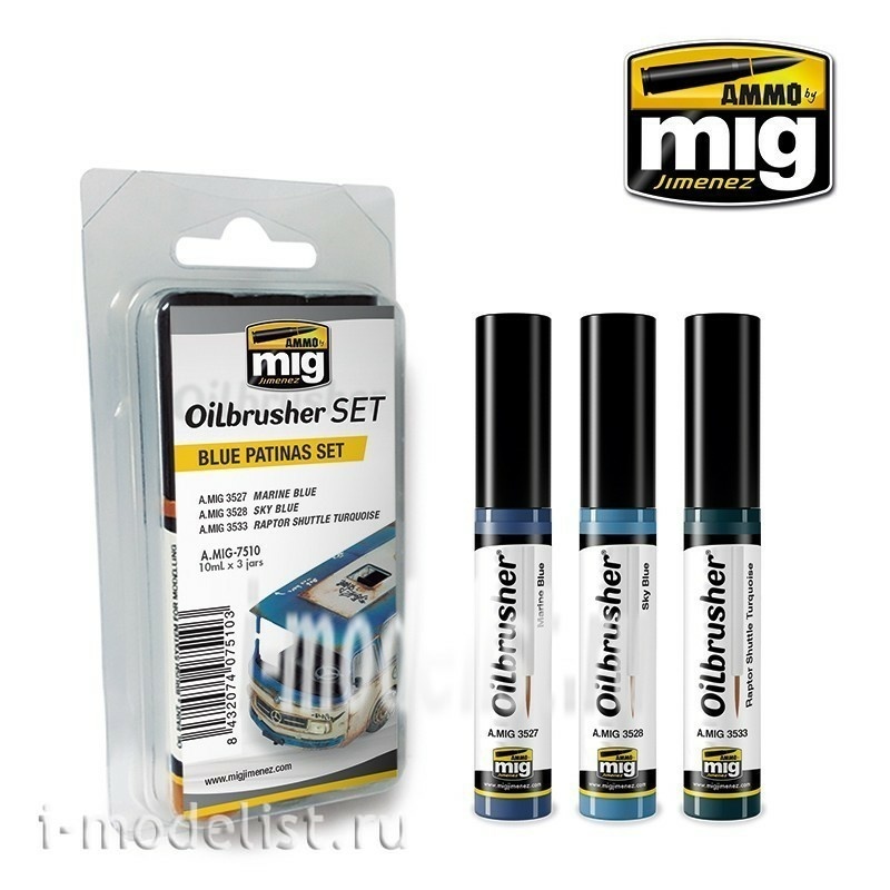 AMIG7510 Ammo Mig BLUE PATINAS SET (a Set of oil paints with a thin brush applicator)