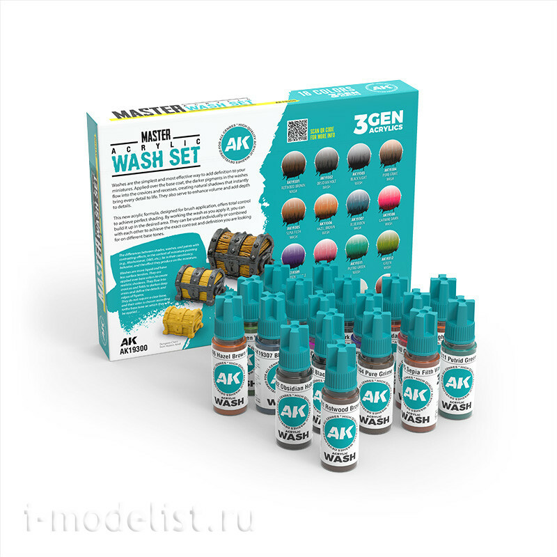 AK19300 AK Interactive Набор смывок Master Acrylic - Полный набор (18 цветов) / MASTER ACRYLIC WASH SET – FULL RANGE (18 COLORS)