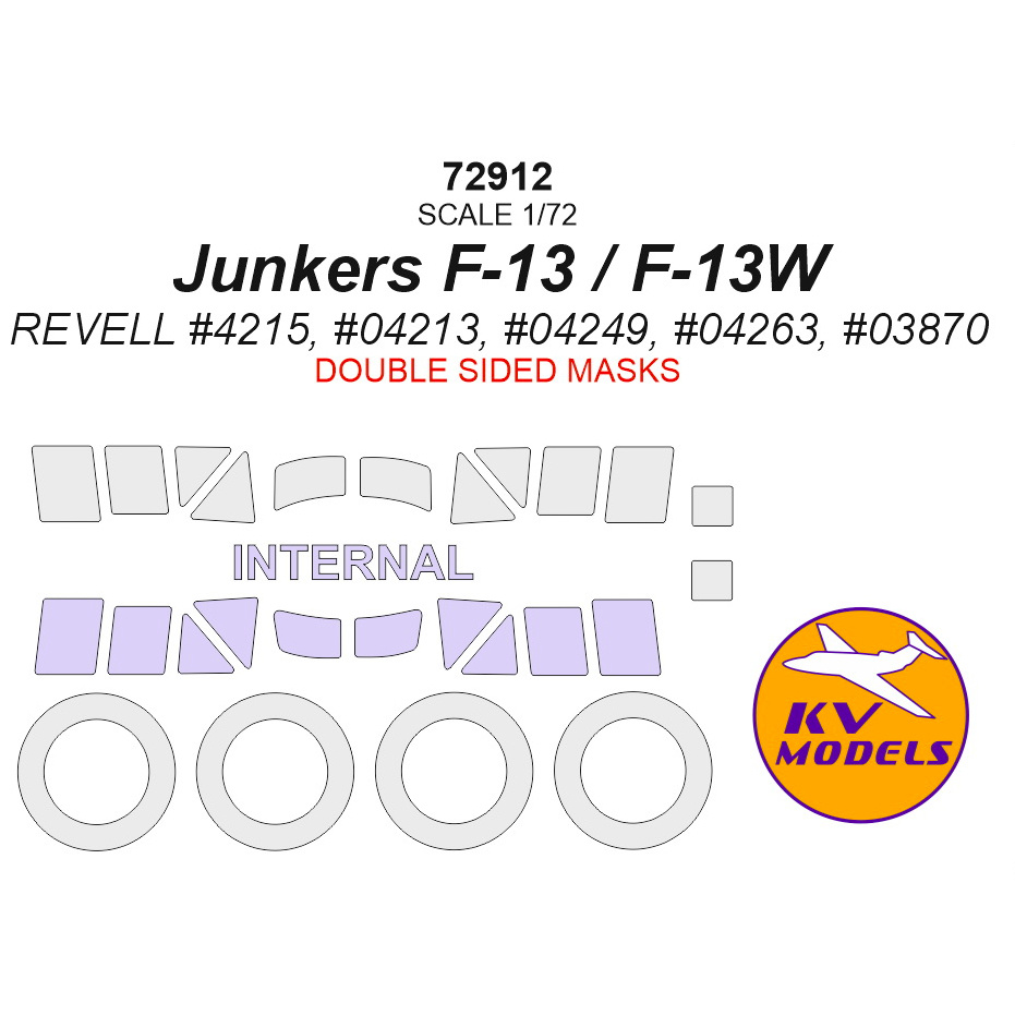 72912 KV Models 1/72 Paint Mask for Junkers F-13 / F-13W - (Double-sided masks) + masks for rims and wheels