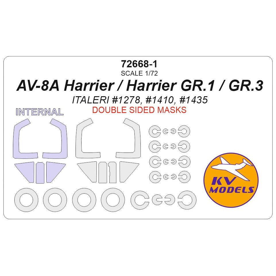 72668-1 KV Models 1/72 AV-8A Harrier / Harrier GR.1 / GR.3 (ITALERI #1278, #1410, #1435) - (двусторонние маски) + маски на диски и колеса