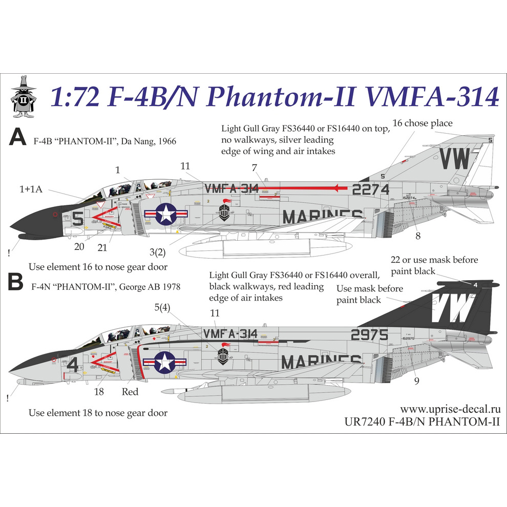 UR7240 Sunrise 1/72 Decal for F-4B/N Phantom-II VMFA-314