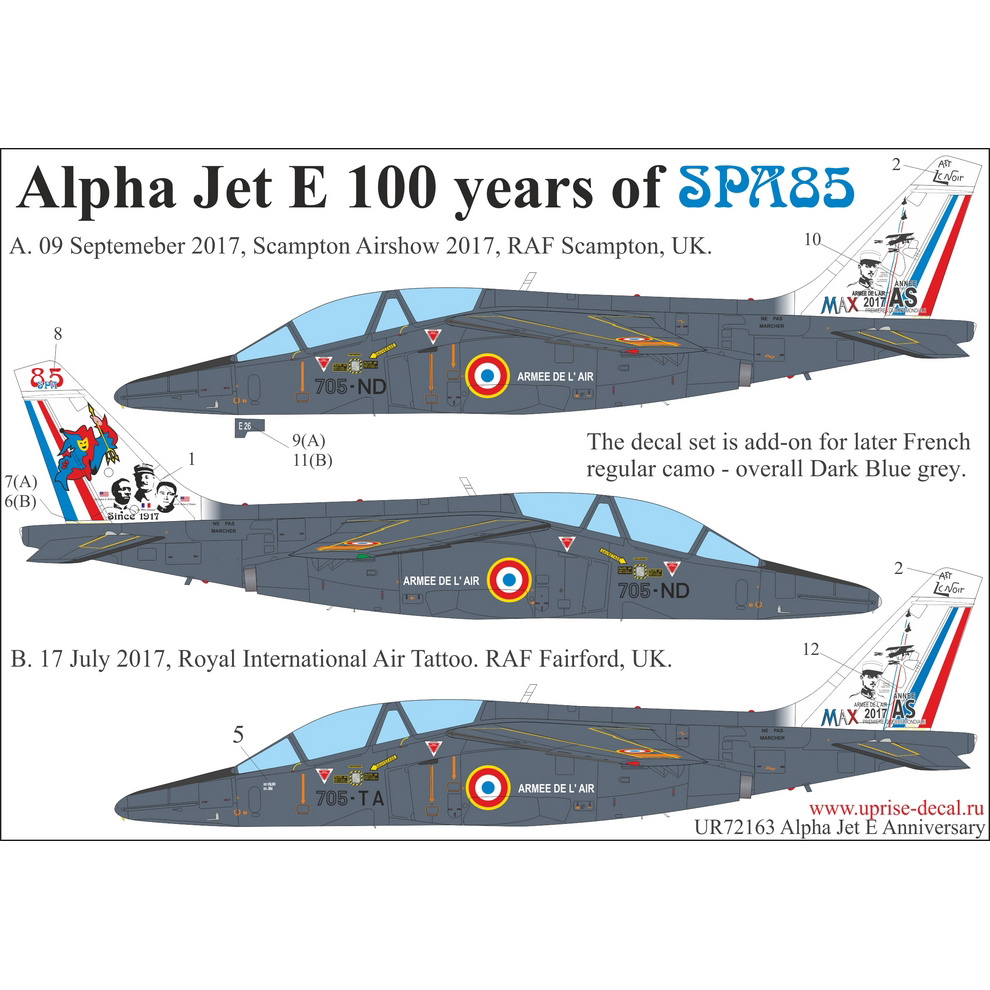UR72163 Sunrise 1/72 Decals for Alpha Jet E 100 years of SPA85, since then. inscriptions